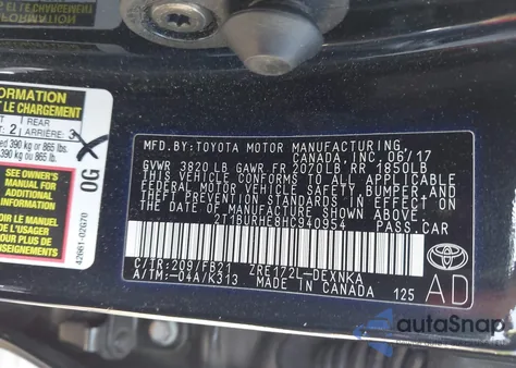 2017 Toyota Corolla Le from USA, damaged, VIN 2T1BURHE8HC940954